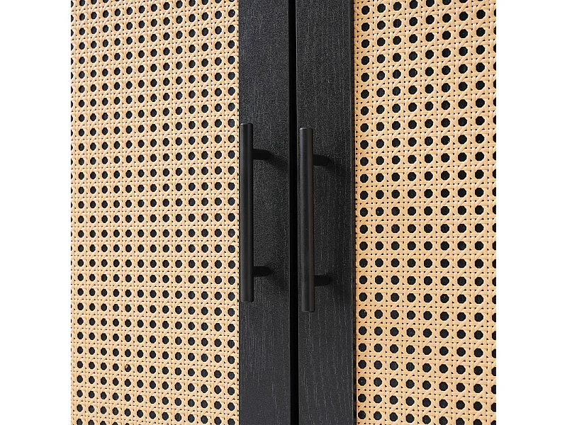 Buffet bas - 2 portes vitrées et 2 portes en rotin - Noir