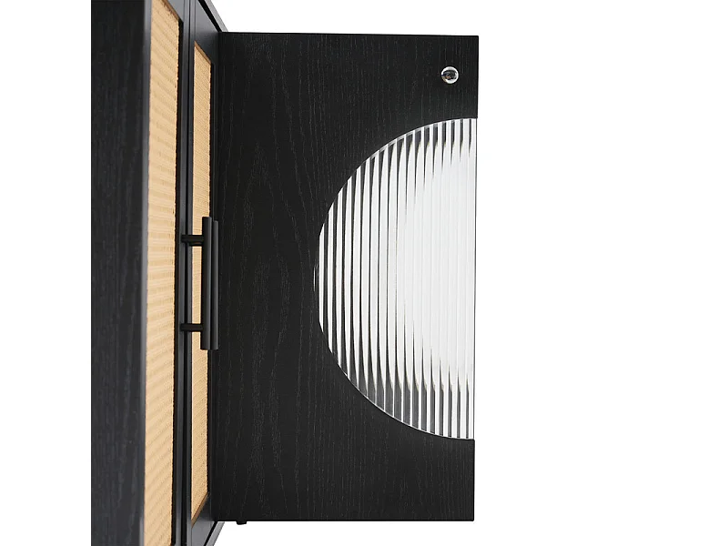 Buffet bas - 2 portes vitrées et 2 portes en rotin - Noir