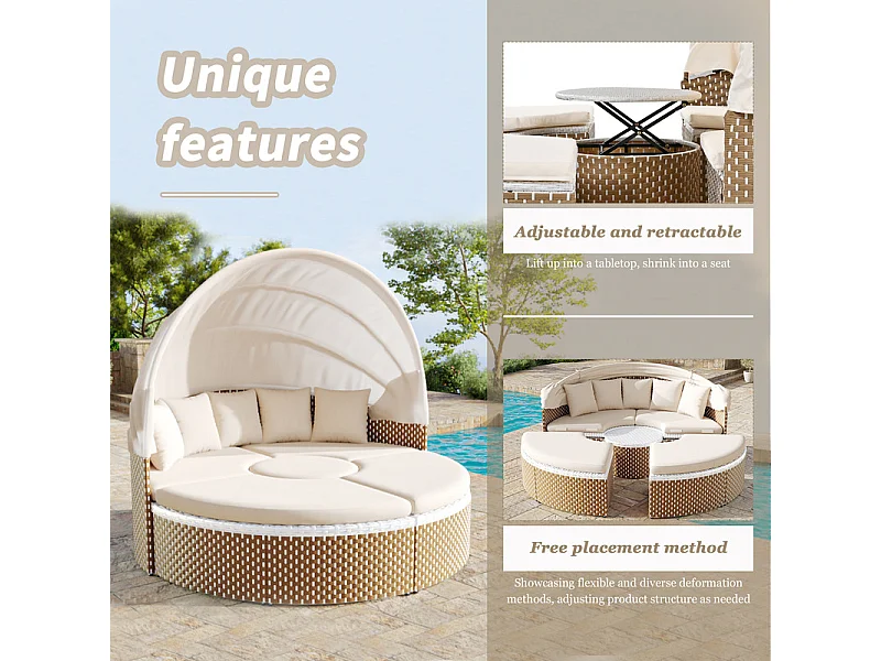 Ensemble de salon de jardin rond - Canapé lounge en PE rotin avec auvent réglable - 4 places et 1 table basse - Beige