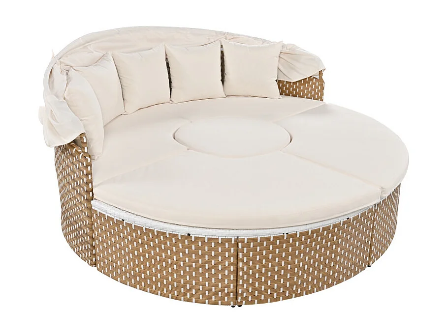 Ensemble de salon de jardin rond - Canapé lounge en PE rotin avec auvent réglable - 4 places et 1 table basse - Beige