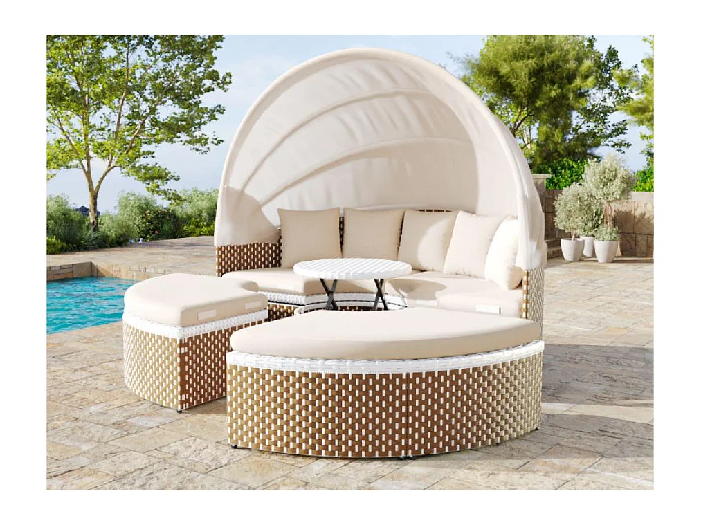 Ensemble de salon de jardin rond - Canapé lounge en PE rotin avec auvent réglable - 4 places et 1 table basse - Beige