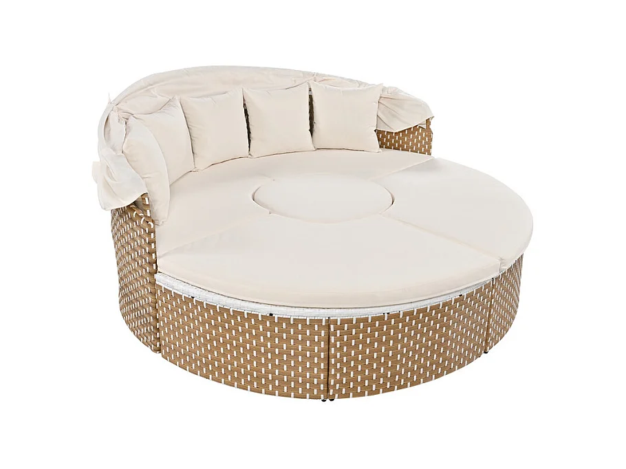 Ensemble de salon de jardin rond - Canapé lounge en PE rotin avec auvent réglable - 4 places et 1 table basse - Beige