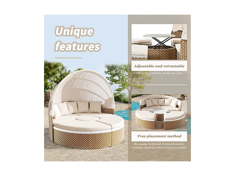 Ensemble de salon de jardin rond - Canapé lounge en PE rotin avec auvent réglable - 4 places et 1 table basse - Beige