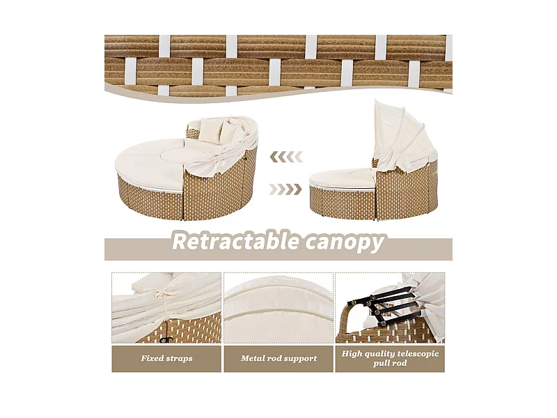 Ensemble de salon de jardin rond - Canapé lounge en PE rotin avec auvent réglable - 4 places et 1 table basse - Beige