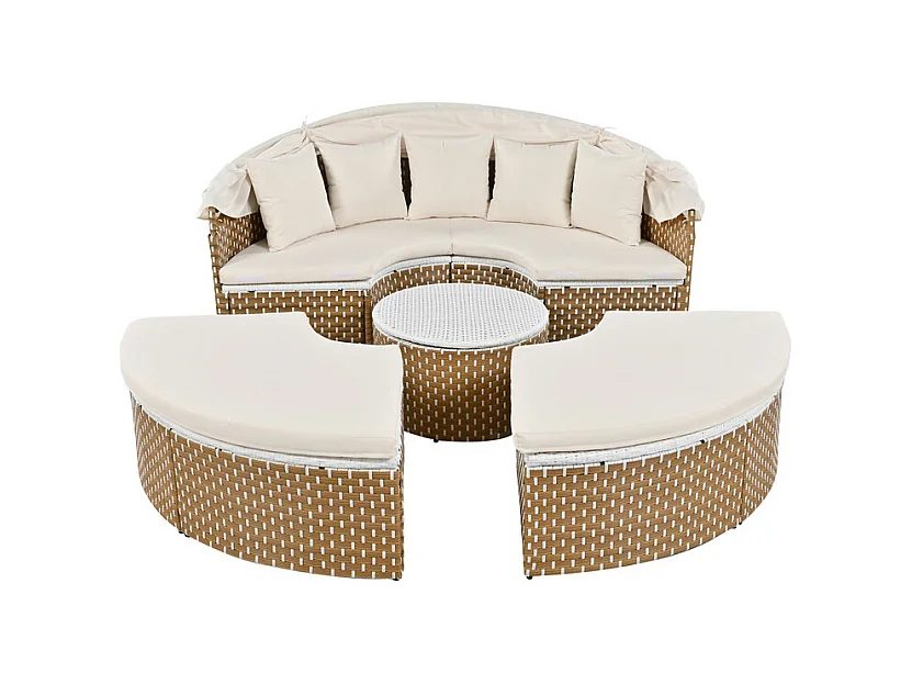 Ensemble de salon de jardin rond - Canapé lounge en PE rotin avec auvent réglable - 4 places et 1 table basse - Beige