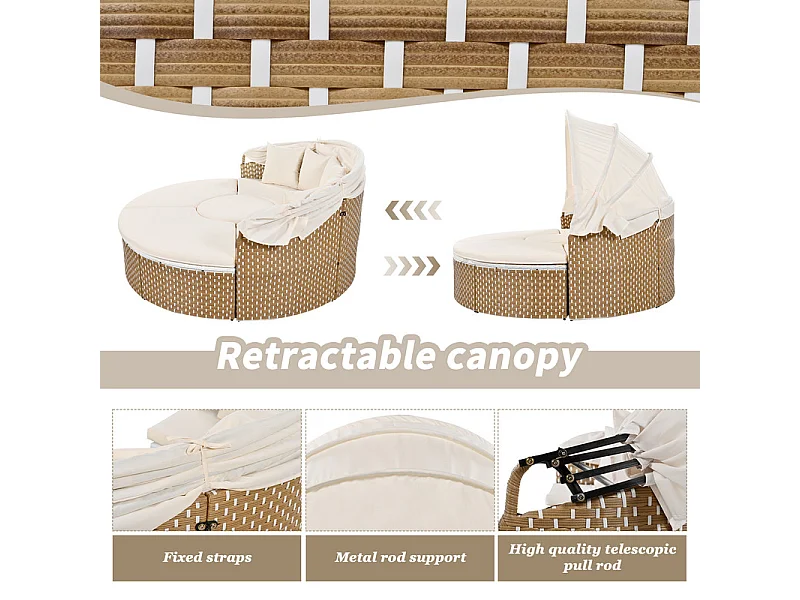 Ronde tuinmeubelset - PE rattan loungebank met verstelbare luifel - 4 zitplaatsen en 1 salontafel - Beige