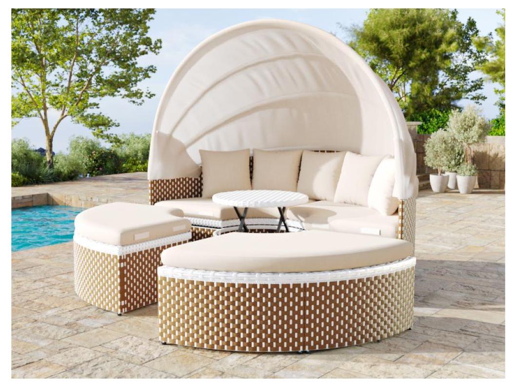 Set di mobili da giardino rotondo - Divano lounge in rattan PE con tettuccio regolabile - 4 posti e 1 tavolino - Beige