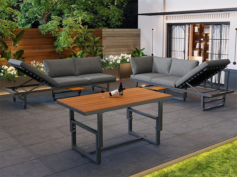 Multifunktionale Gartenmöbel – 6 Plätze – 2 Sofas und 1 Couchtisch – 2 Klappsitze – Grau