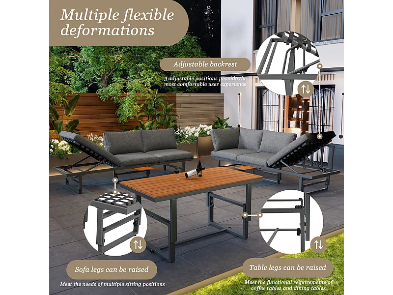 Multifunktionale Gartenmöbel – 6 Plätze – 2 Sofas und 1 Couchtisch – 2 Klappsitze – Grau