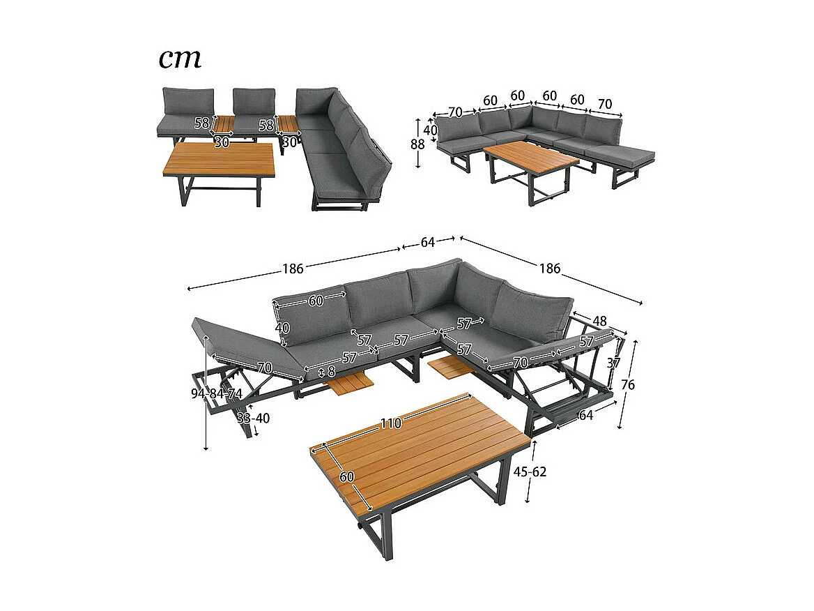 Multifunktionale Gartenmöbel – 6 Plätze – 2 Sofas und 1 Couchtisch – 2 Klappsitze – Grau