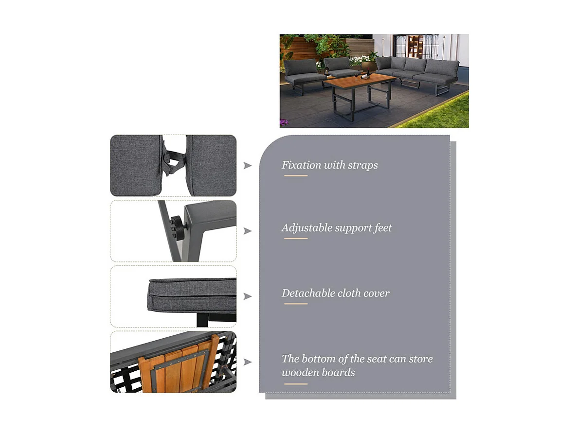 Multifunktionale Gartenmöbel – 6 Plätze – 2 Sofas und 1 Couchtisch – 2 Klappsitze – Grau