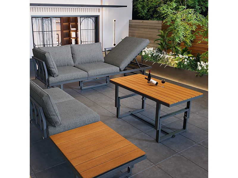 Multifunktionale Gartenmöbel – 6 Plätze – 2 Sofas und 1 Couchtisch – 2 Klappsitze – Grau