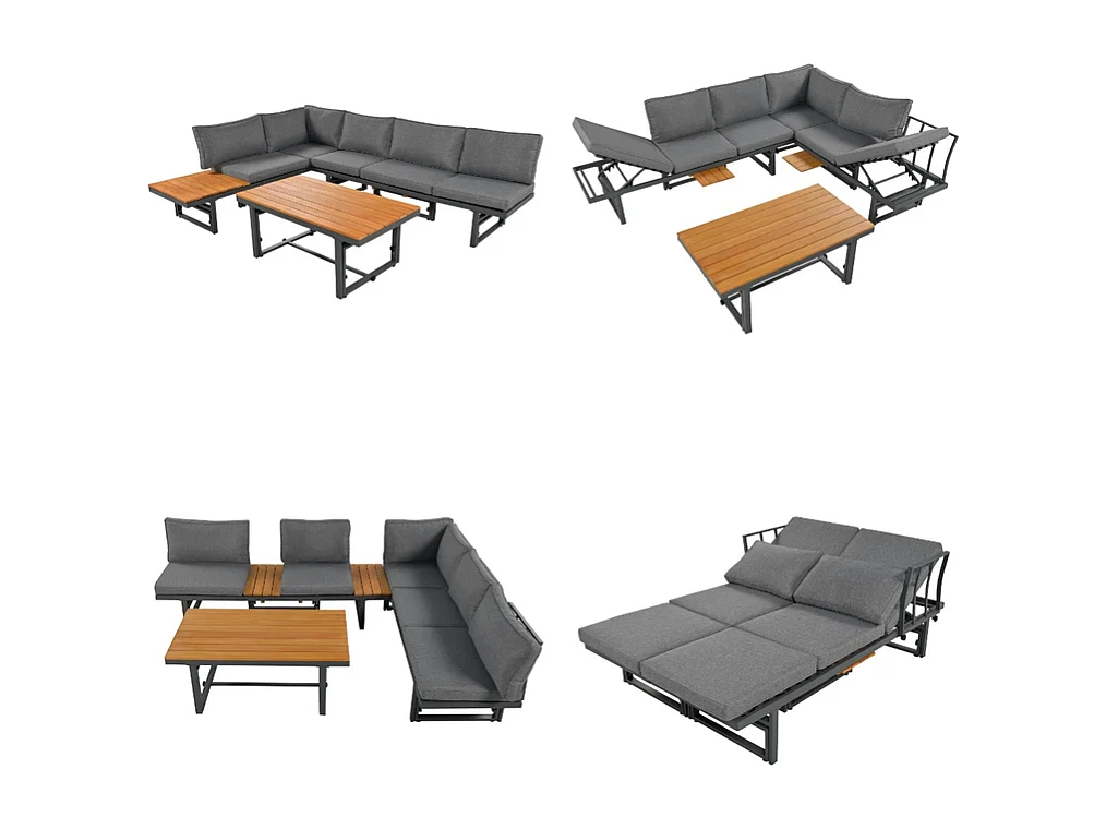Multifunktionale Gartenmöbel – 6 Plätze – 2 Sofas und 1 Couchtisch – 2 Klappsitze – Grau