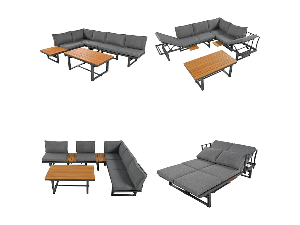 Multifunktionale Gartenmöbel – 6 Plätze – 2 Sofas und 1 Couchtisch – 2 Klappsitze – Grau