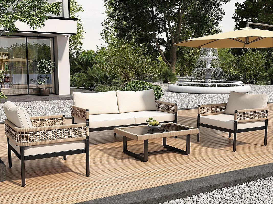 Modulair tuinmeubilair in gegalvaniseerd staal en versierd met touw - 4 plaatsen - 1 bank, 2 fauteuils en 1 salontafel - Beige