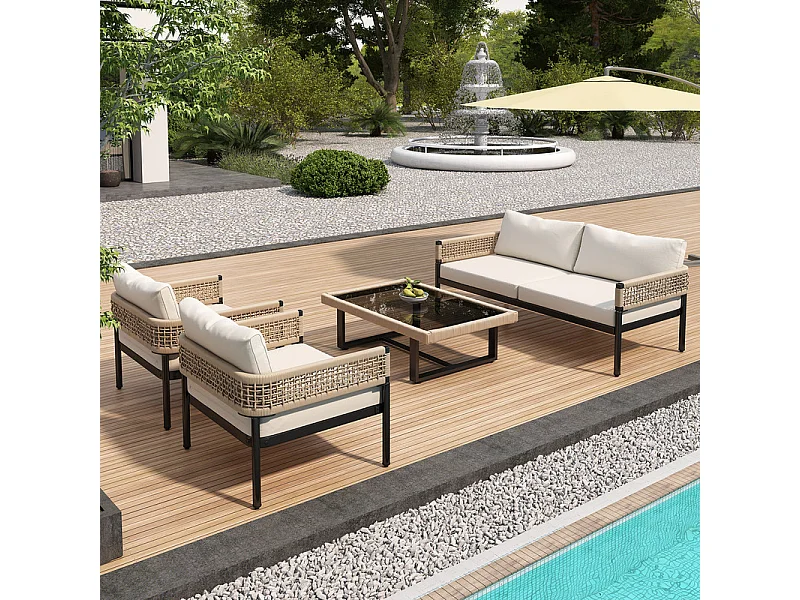 Modulair tuinmeubilair in gegalvaniseerd staal en versierd met touw - 4 plaatsen - 1 bank, 2 fauteuils en 1 salontafel - Beige