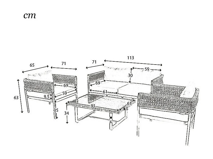 Modulair tuinmeubilair in gegalvaniseerd staal en versierd met touw - 4 plaatsen - 1 bank, 2 fauteuils en 1 salontafel - Beige