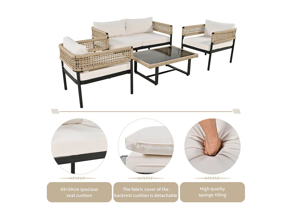 Modulair tuinmeubilair in gegalvaniseerd staal en versierd met touw - 4 plaatsen - 1 bank, 2 fauteuils en 1 salontafel - Beige