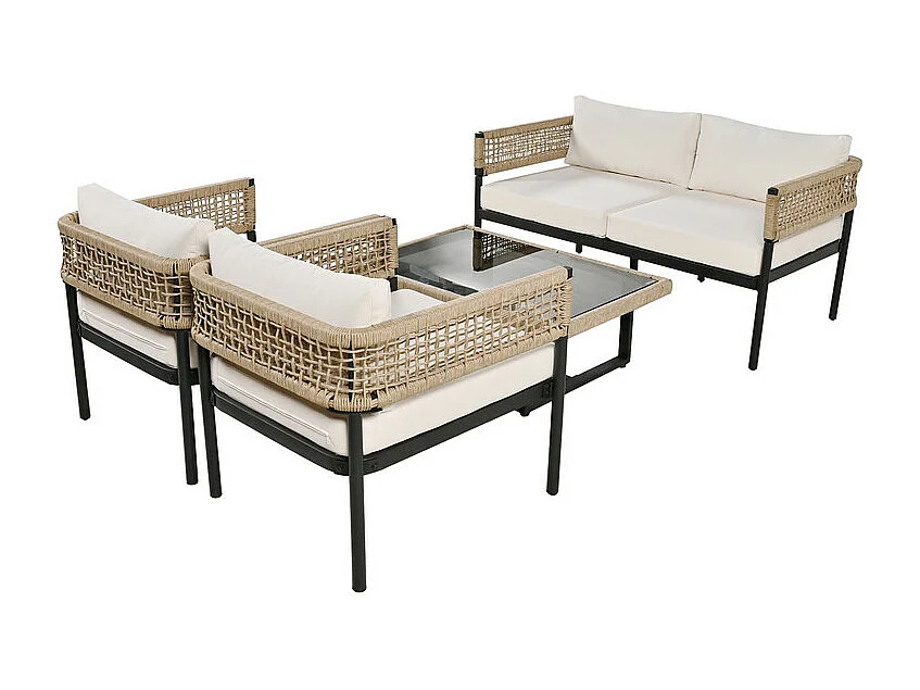 Modulair tuinmeubilair in gegalvaniseerd staal en versierd met touw - 4 plaatsen - 1 bank, 2 fauteuils en 1 salontafel - Beige