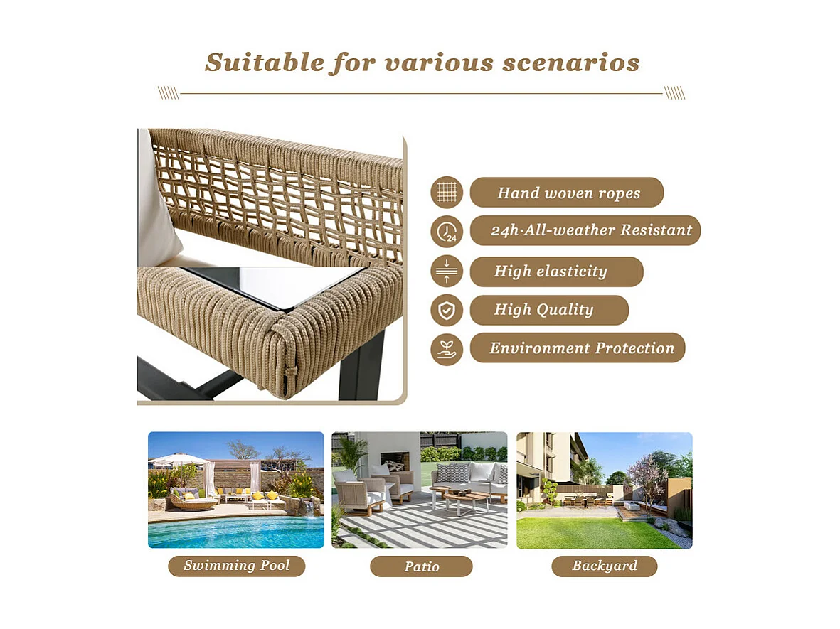 Mobiliario de jardín modular de acero galvanizado y decorado con cuerda - 4 plazas - 1 sofá, 2 sillones y 1 mesa de centro - Beige