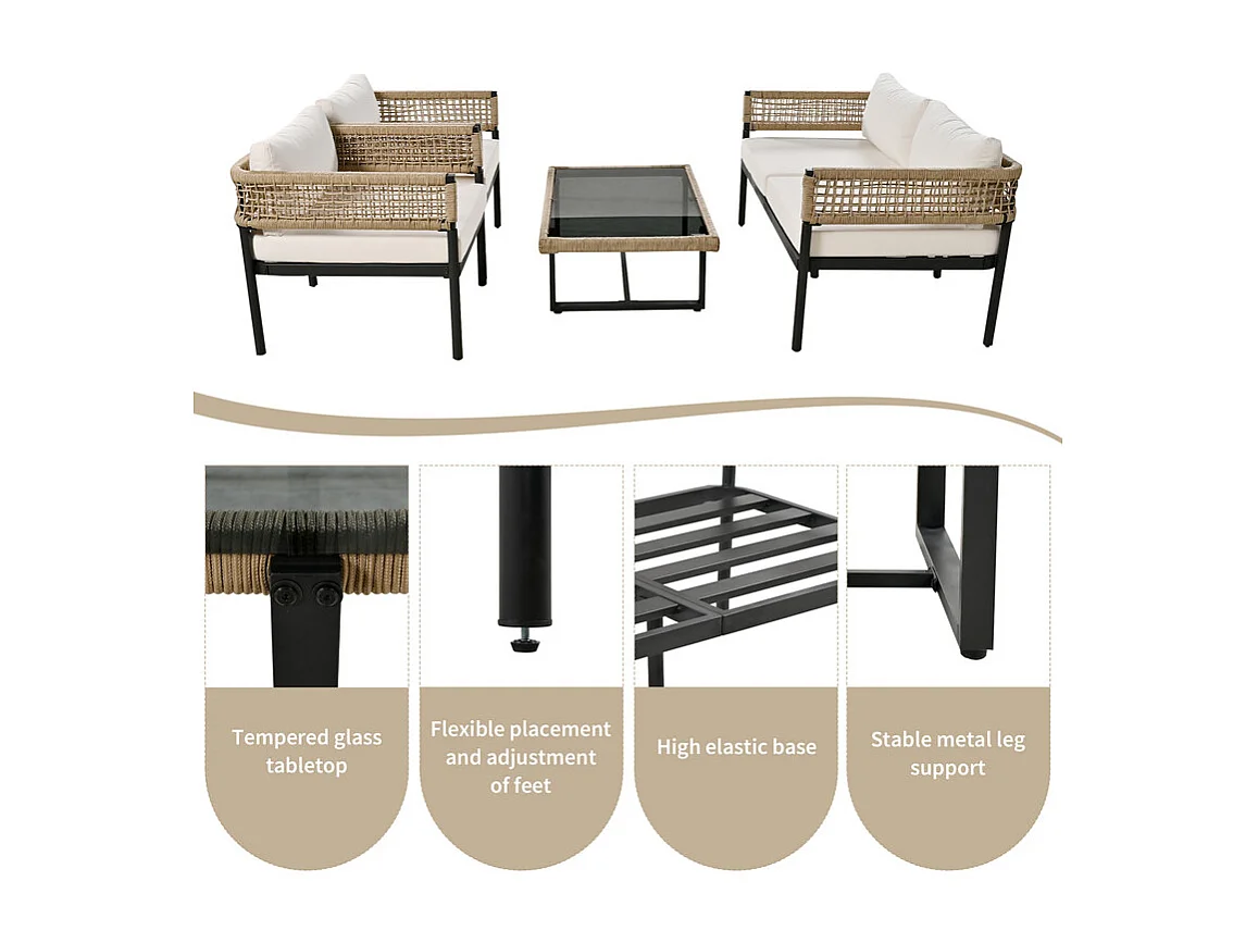 Mobiliario de jardín modular de acero galvanizado y decorado con cuerda - 4 plazas - 1 sofá, 2 sillones y 1 mesa de centro - Beige