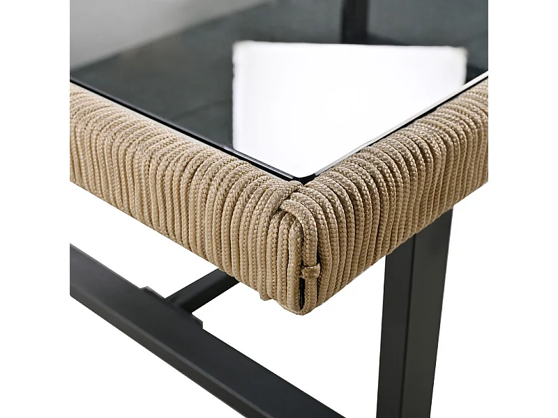 Mobiliario de jardín modular de acero galvanizado y decorado con cuerda - 4 plazas - 1 sofá, 2 sillones y 1 mesa de centro - Beige