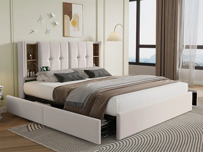Letto con cassetti 160x200cm imbottito in velluto - con ricarica wireless e rete a doghe - Beige