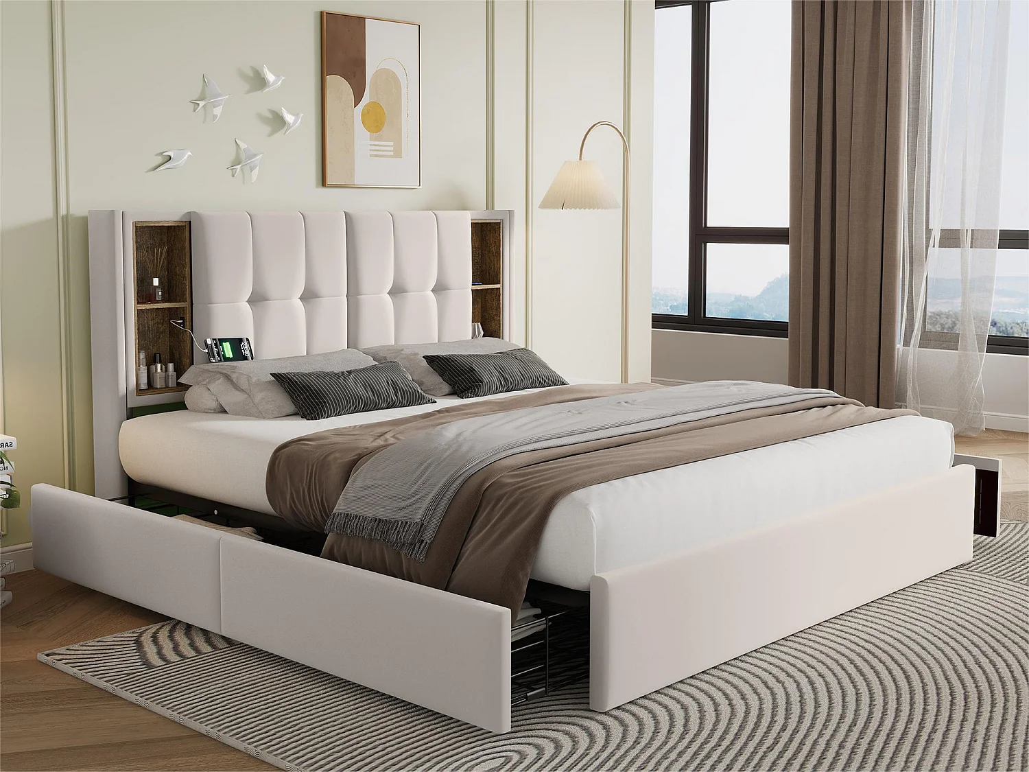 Bed met lades 160x200cm bekleed met fluweel - met draadloos opladen en lattenbodem - Beige