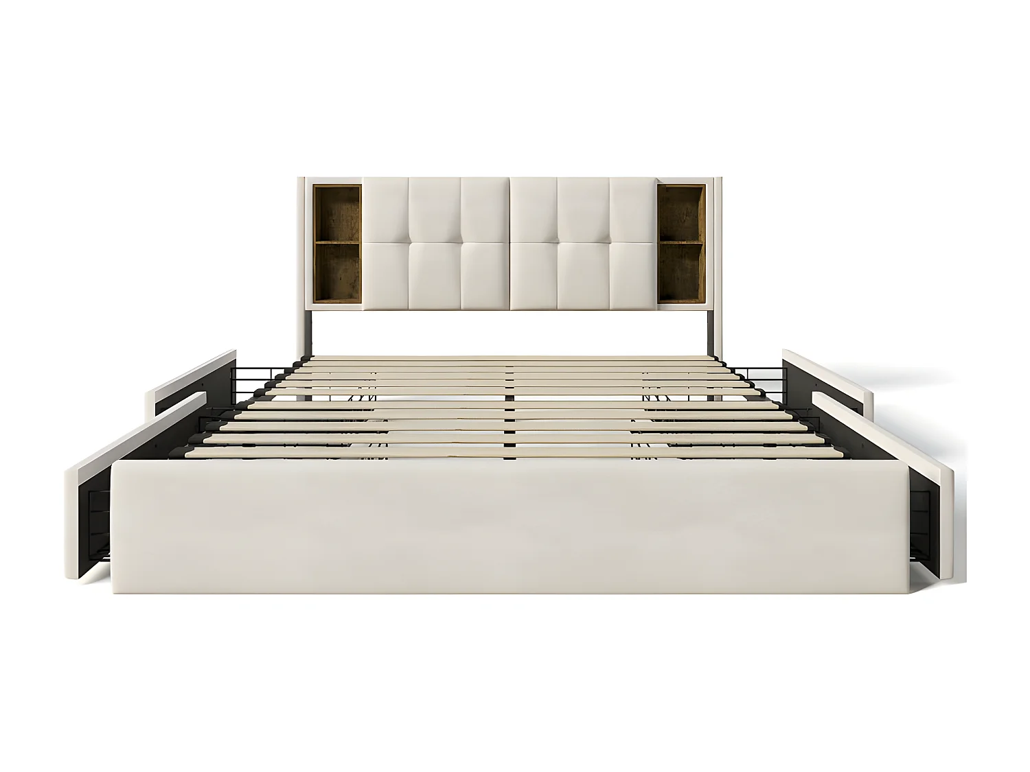 Bed met lades 160x200cm bekleed met fluweel - met draadloos opladen en lattenbodem - Beige