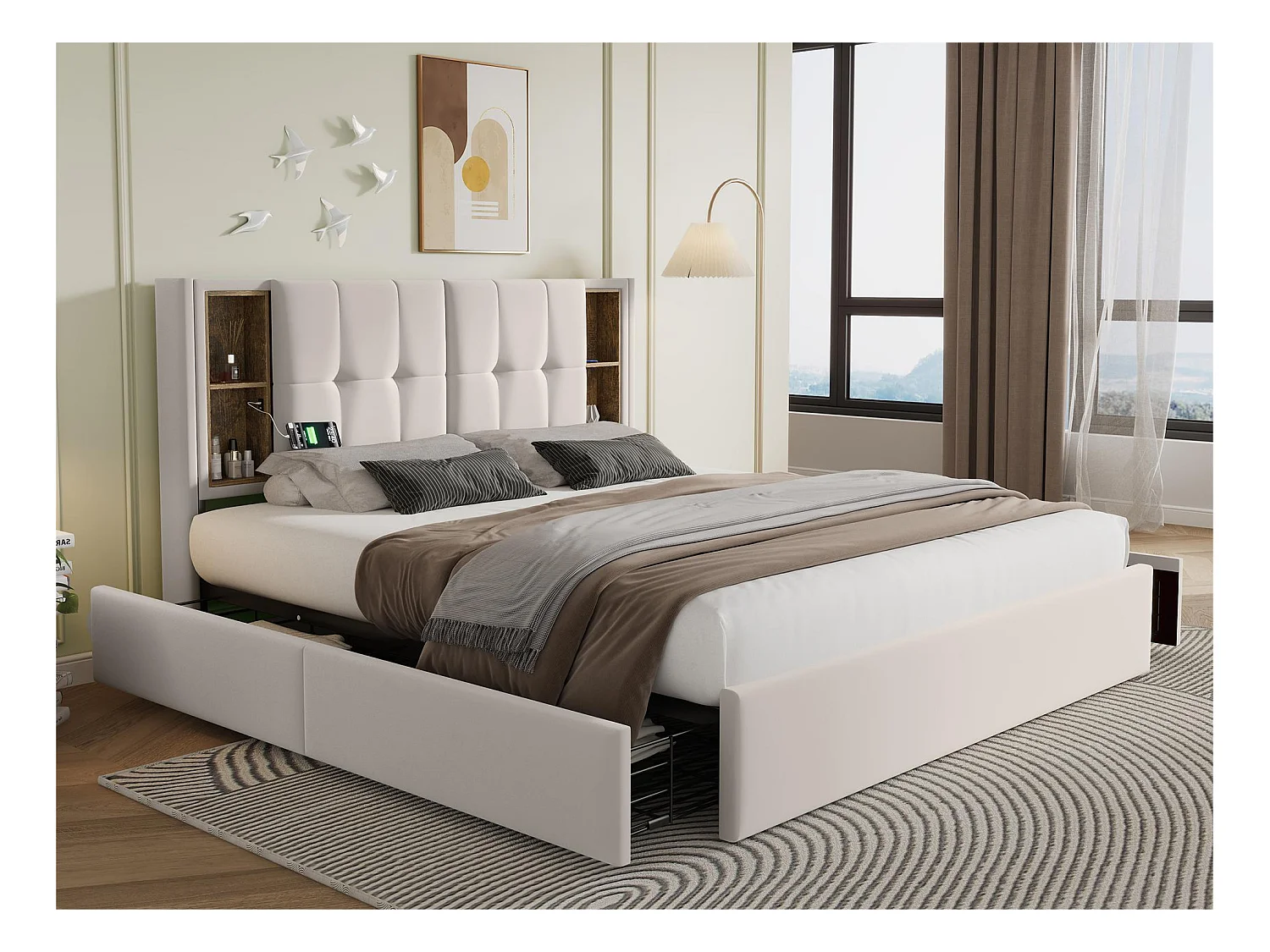 Lit avec tiroirs 160x200cm rembourré en velours - avec chargement sans fil et sommier à lattes - Beige