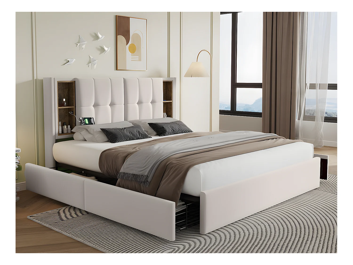 Bett mit Schubladen 160 x 200 cm, gepolstert mit Samt – mit kabelloser Aufladung und Lattenrost – Beige
