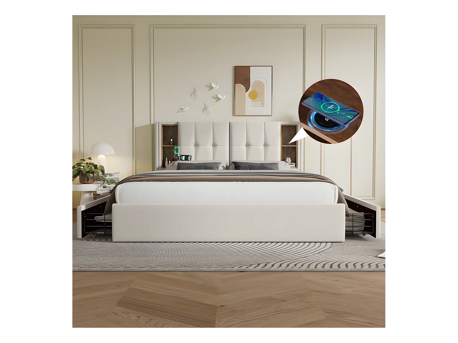 Bett mit Schubladen 160 x 200 cm, gepolstert mit Samt – mit kabelloser Aufladung und Lattenrost – Beige