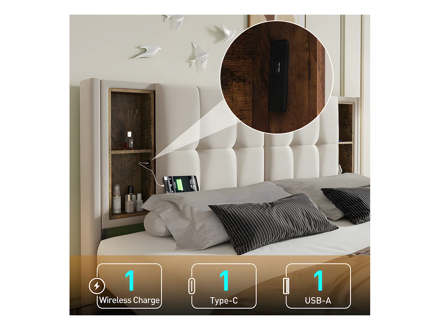Bett mit Schubladen 160 x 200 cm, gepolstert mit Samt – mit kabelloser Aufladung und Lattenrost – Beige