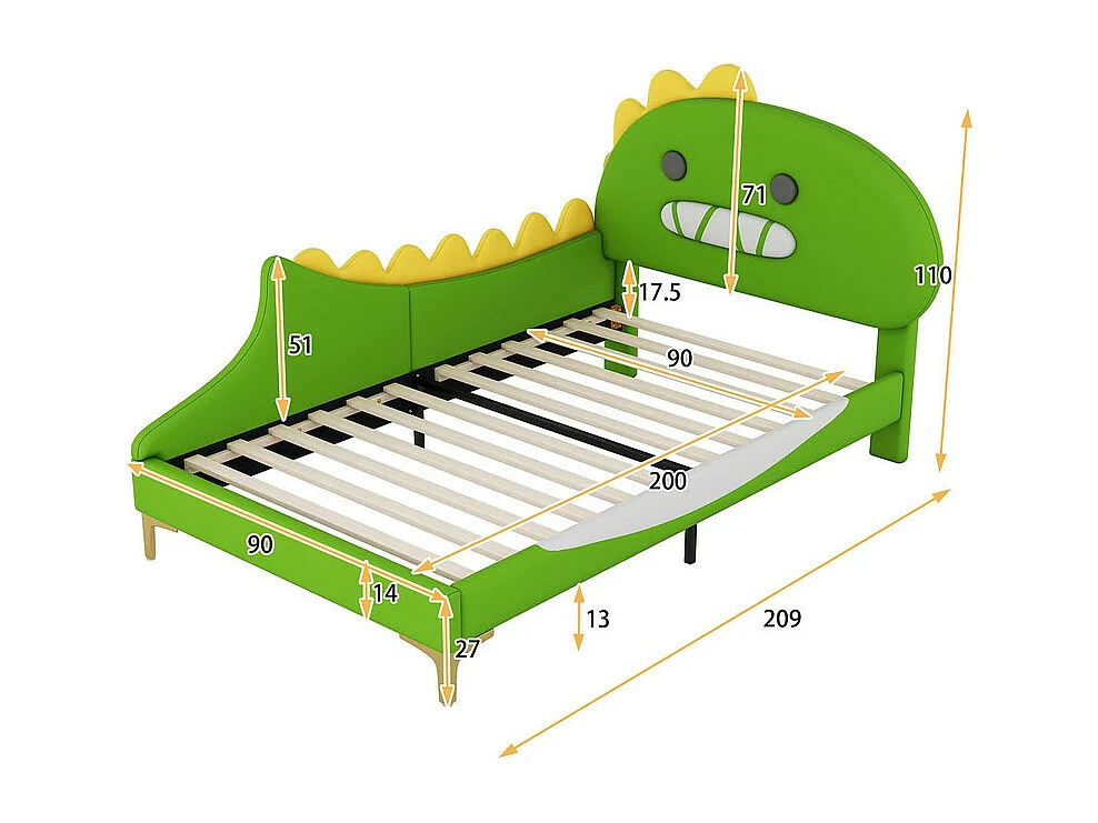 Kinderbed 90x200 cm - dinosaurusvorm - in kunstleer - Groen