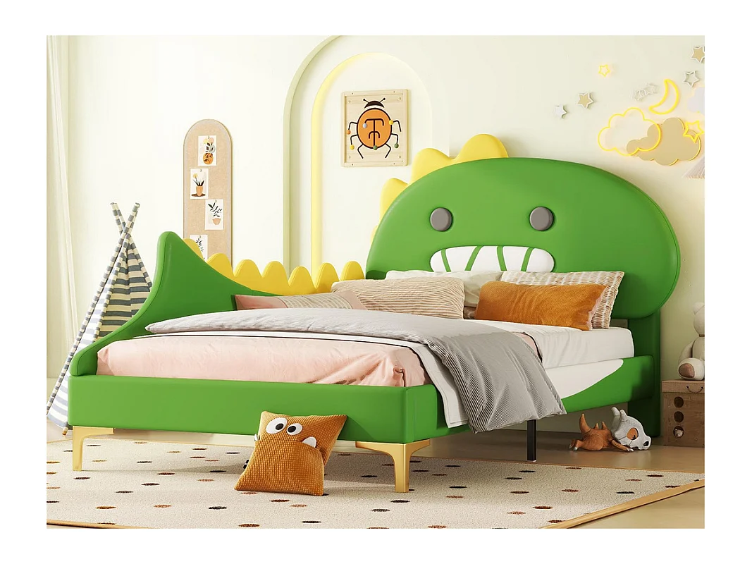Lit enfant 90x200 cm - en forme de dinosaure - en similicuir - Vert