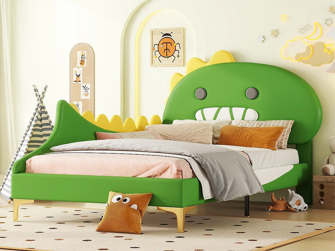 Kinderbett 90x200 cm - Dinosaurierform - aus Kunstleder - Grün