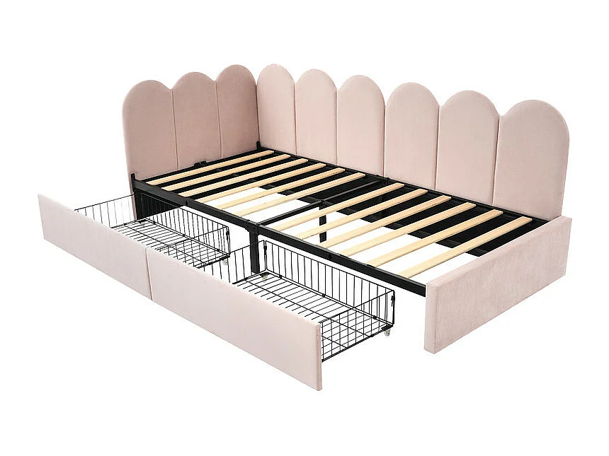 Lit banquette avec 2 tiroirs - tissu en velours - 90x190 cm - avec sommier à lattes - Rose