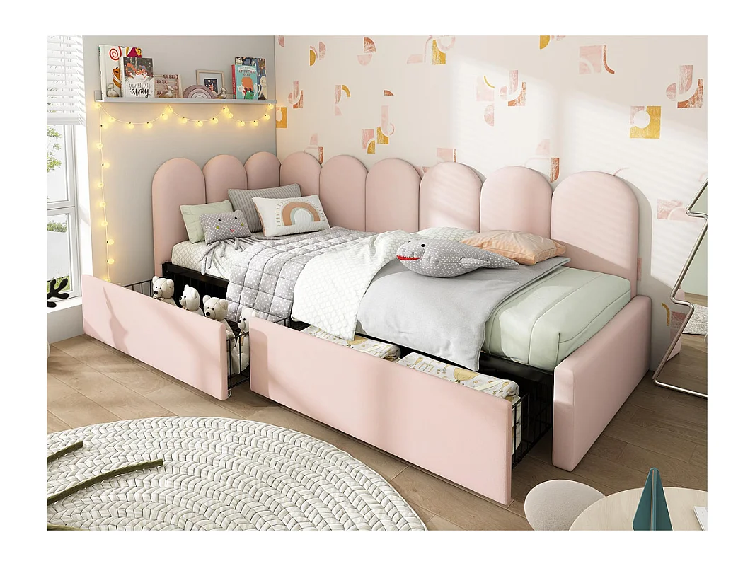 Lit banquette avec 2 tiroirs - tissu en velours - 90x190 cm - avec sommier à lattes - Rose