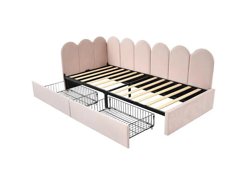 Lit banquette avec 2 tiroirs - tissu en velours - 90x190 cm - avec sommier à lattes - Rose