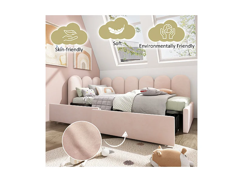 Lit banquette avec 2 tiroirs - tissu en velours - 90x190 cm - avec sommier à lattes - Rose