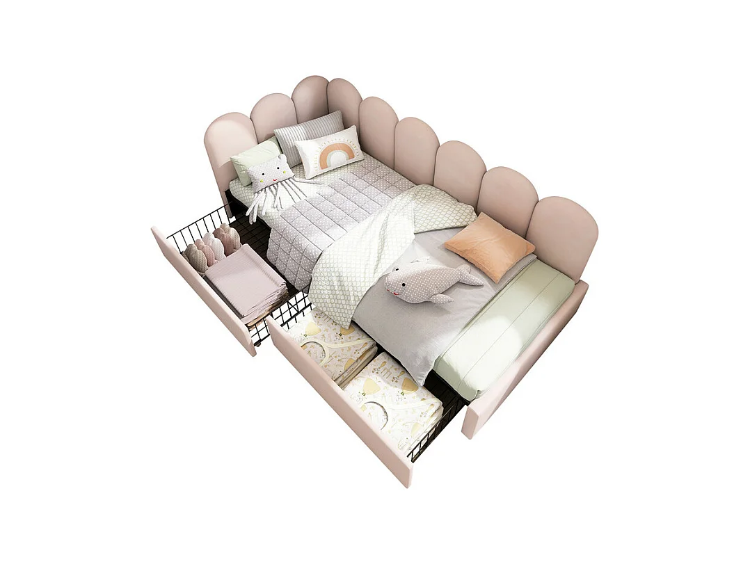 Lit banquette avec 2 tiroirs - tissu en velours - 90x190 cm - avec sommier à lattes - Rose