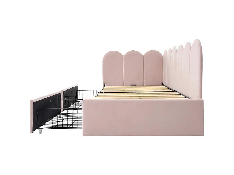 Lit banquette avec 2 tiroirs - tissu en velours - 90x190 cm - avec sommier à lattes - Rose