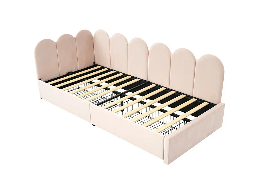 Lit banquette avec 2 tiroirs - tissu en velours - 90x190 cm - avec sommier à lattes - Rose