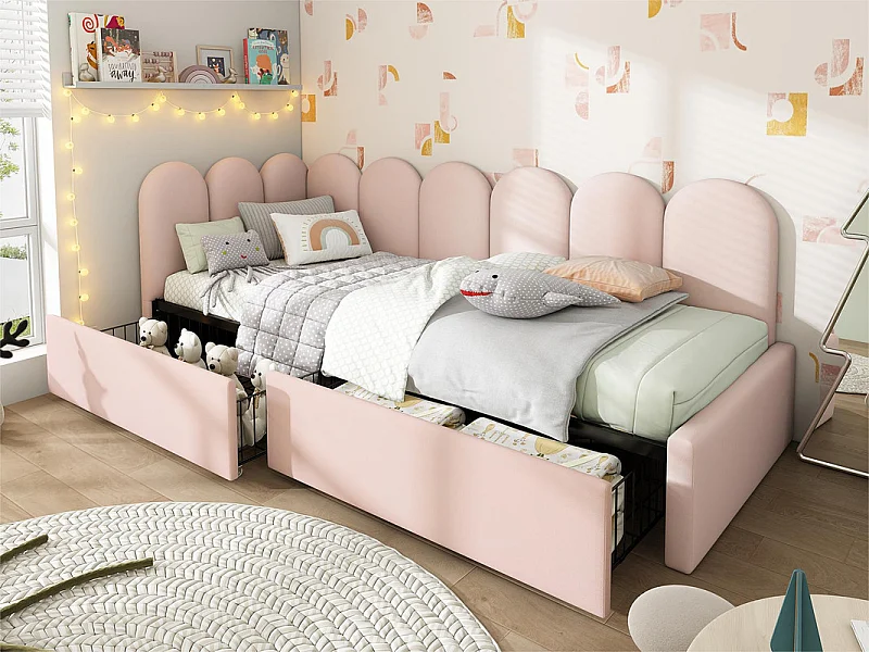 Lit banquette avec 2 tiroirs - tissu en velours - 90x190 cm - avec sommier à lattes - Rose