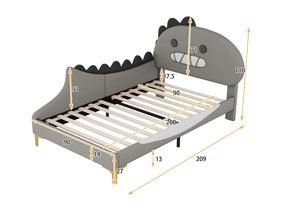 Lit enfant 90x200 cm - en forme de dinosaure - en similicuir - Gris