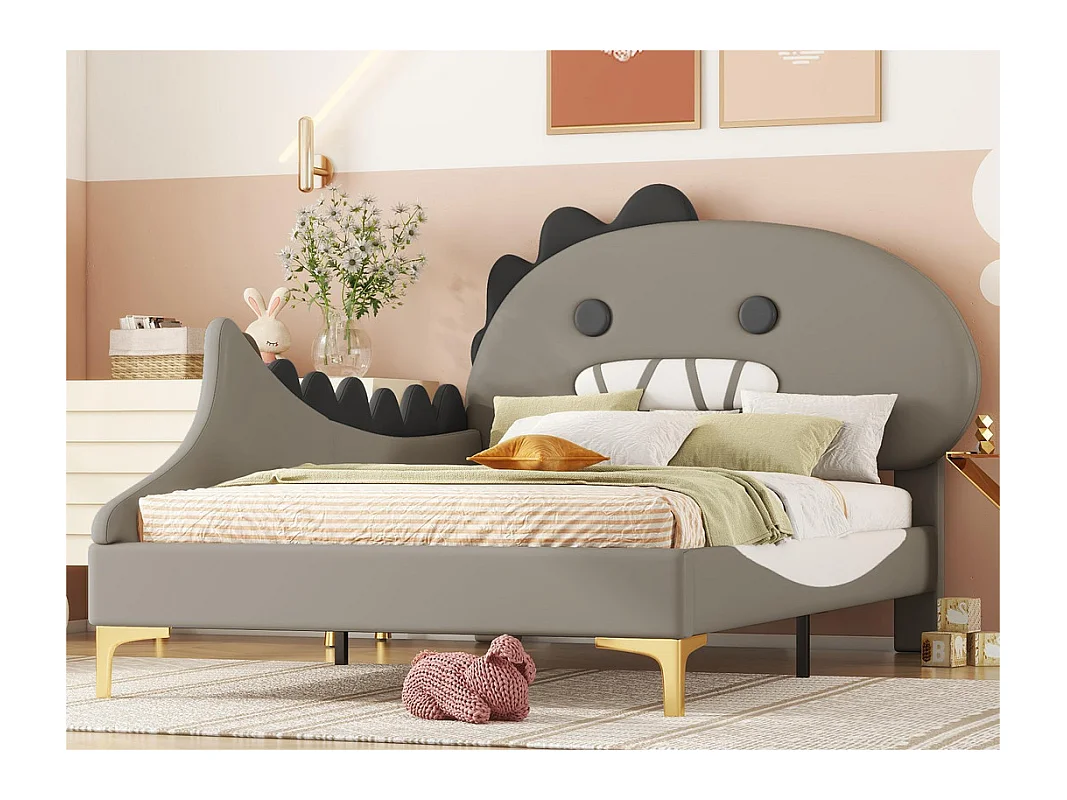 Lit enfant 90x200 cm - en forme de dinosaure - en similicuir - Gris