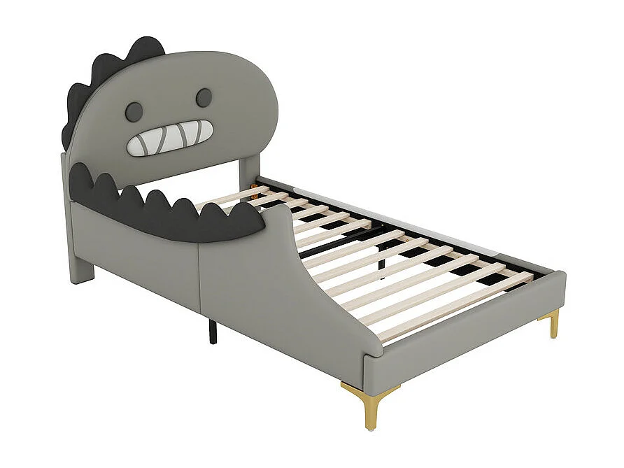 Lit enfant 90x200 cm - en forme de dinosaure - en similicuir - Gris
