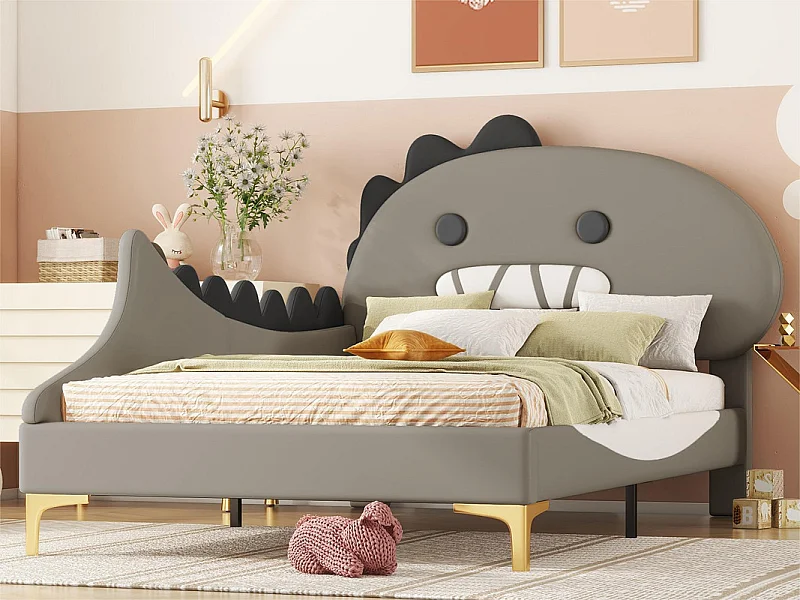 Letto per bambini 90x200 cm - a forma di dinosauro - in similpelle - Grigio