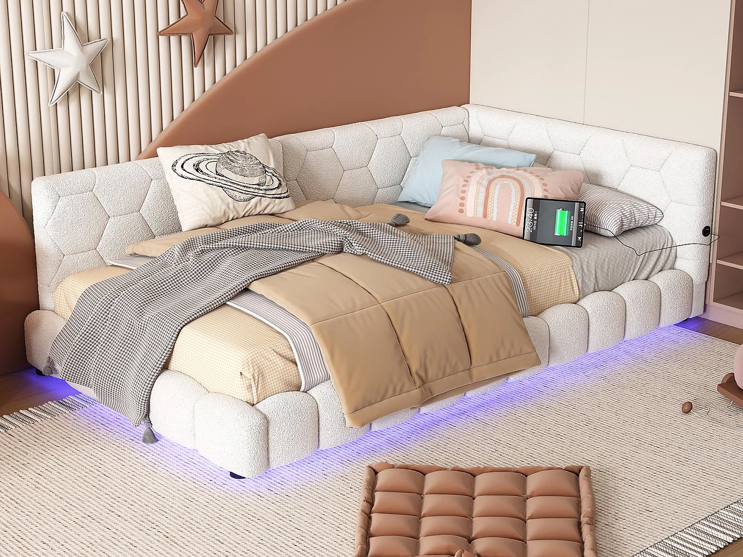 Divano letto in velluto 90x200 cm - con LED e porta USB - Bianco