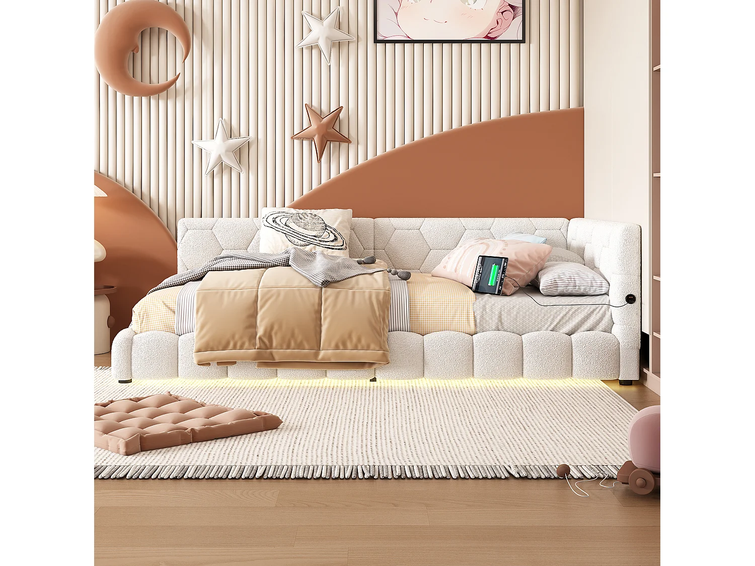 Divano letto in velluto 90x200 cm - con LED e porta USB - Bianco